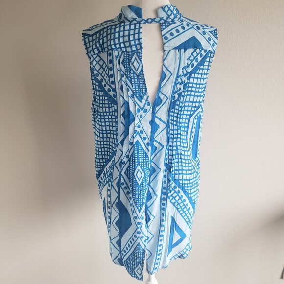 Plenty by Tracy Reese Top Blue Lightweight Soft Pleated Hi Low Geometric Size M - Picture 5 of 8